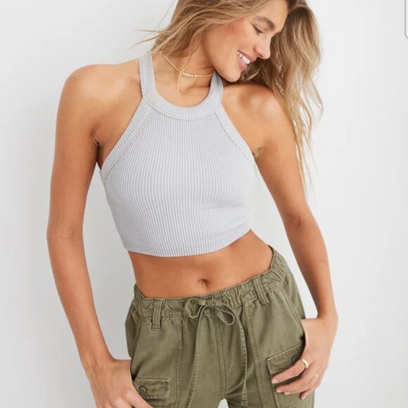 Aerie grey ribbed halter sports bra - Picture 1 of 13